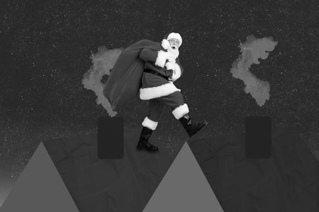 Creative photo collage illustration of positive funny good mood impressed excited santa claus walking on roof deliver gifts by chimneyの写真素材