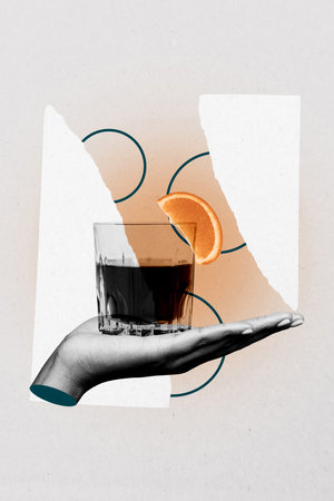 Vertical photo collage of hands hold cognac glass friday celebration nightclub pub drink alco orange piece isolated on painted backgroundの写真素材