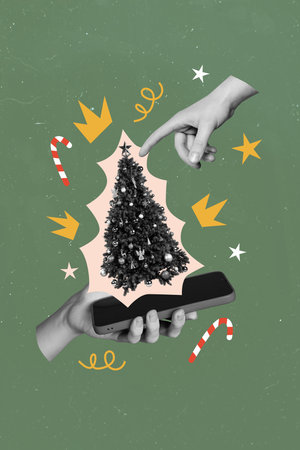 Contemporary art vertical photo sketch collage of hand hold phone new year tree decor confetti candy tradition show on green backgroundの写真素材
