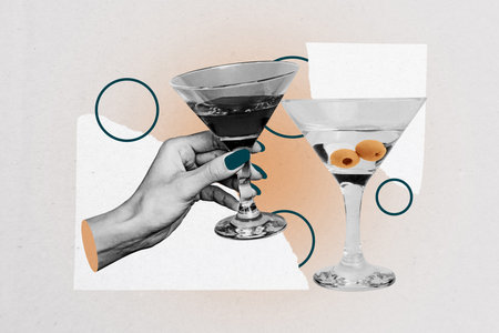 Composite photo collage of hands hold martini glass olive wine red beverage alcohol occasion relax party isolated on painted backgroundの写真素材