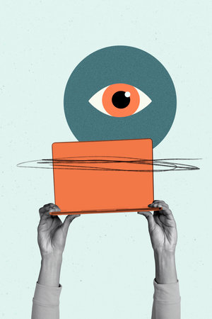 Creative design composite artwork collage of hand hold netbook device online technology computer remote web surveillance look spy eyeの写真素材