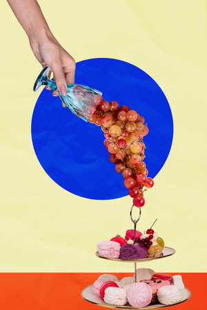 Composite sketch design artwork 3D photo collage of hand hold beverage glass pour grape fruit kitchenware candy sweet tasty deliciousの写真素材