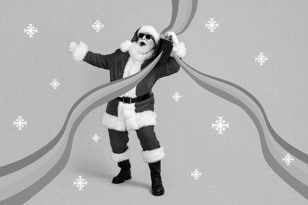 Creative photo collage illustration of funny crazy santa claus hold boombox on shoulder singing song isolated on pink color backgroundの写真素材