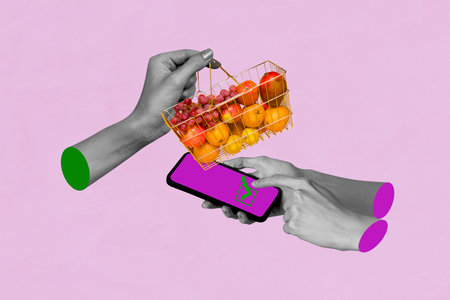 Composite photo collage of hands hold phone device approval purchase grocery fruits orange apple cart grape isolated on painted backgroundの写真素材
