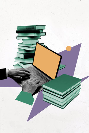 Vertical collage laptop digital device web screen display book literature library student exam preparation learner drawing backgroundの写真素材