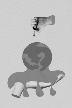 Vertical collage image of arm hold lighter flame melt planet earth globe global warming problem...