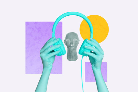 Composite photo collage of doll sculpture pottery hand hold headphones device music meloman listener...