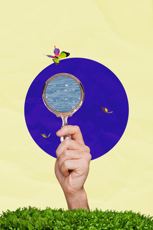 Vertical photo collage of hands hold mirror ocean water catch net butterfly insect spring summer walk grass isolated on painted backgroundの写真素材
