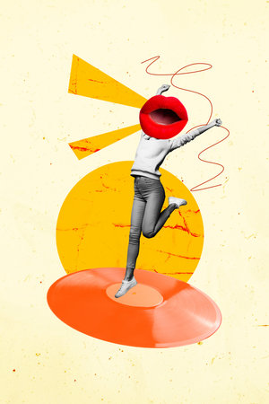 Template sketch trend artwork 3D photo collage of rest party night leisure occasion vinyl record headless young lady run happy mouth headの写真素材