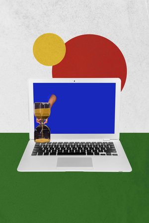 Vertical photo collage of hand peek laptop device screen deadline regime expire limit modern technology isolated on painted backgroundの写真素材