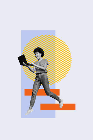 3D collage design composite trend of platform abstract copyspace young woman african race walk...