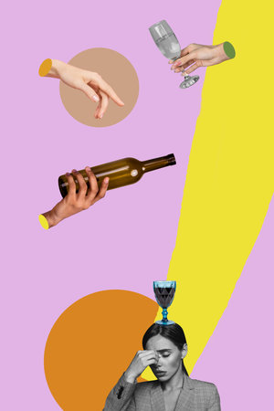 Vertical poster collage young sad unhappy girl beverage glass pour drink wine champagne anxiety migraine headache drawing backgroundの写真素材