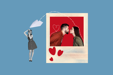 Composite photo collage of happy girl guy kiss together valentine holiday instagram post lady shooting camera isolated on painted backgroundの写真素材