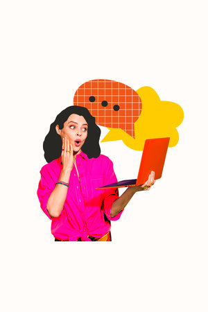Composite artwork photo collage template sketch of young lady emoji omg face hand gesture hold...