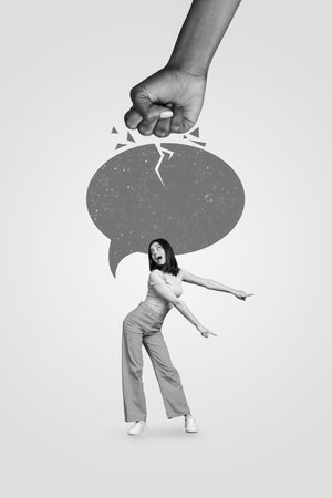 Collage photo funky youngster lady dancing finger point empty space looking curious cracked chatterbox speech isolated on white color backgroundの写真素材
