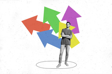 Composite trend artwork 3D sketch image photo collage of miniature young man stand huge arrow show...