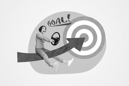 Creative photo 3d collage artwork postcard poster picture of crazy girl mowing her dream prfessionsl growth isolated on painting backgroundの写真素材