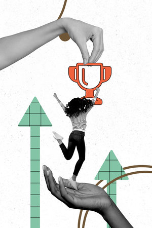 Vertical collage picture young woman jump celebrate victory winner award prize cup leadership...