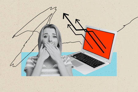 Composite photo collage of shocked business girl receive promotion arrow freelancer growth laptop device isolated on painted backgroundの写真素材