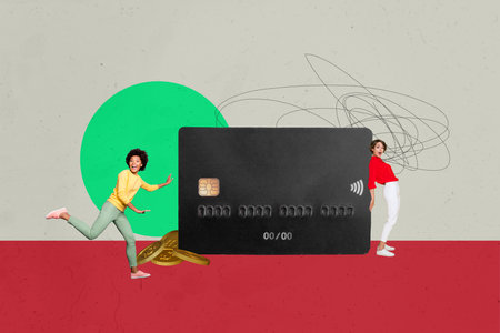 Composite photo collage of two astonished girls ebank coin income online finance earnings contactless pay isolated on painted backgroundの写真素材