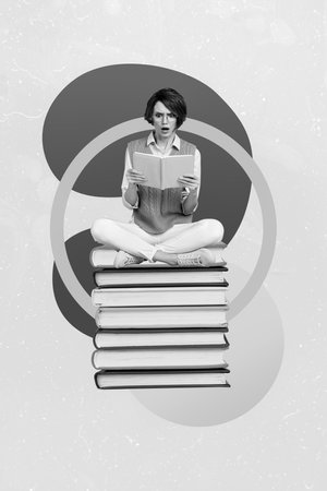 Vertical collage image of impressed small girl sitting big pile stack book read isolated on painted...