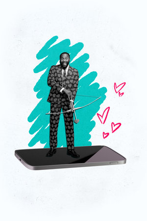 Composite trend artwork image photo collage of social media like network heart hand hold smartphone young guy cupid stand bow arrow loveの写真素材