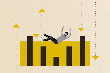 Collage 3d image of pinup pop retro sketch of falling young guy data analysis graph trading unusual fantasy billboard comicsの写真素材