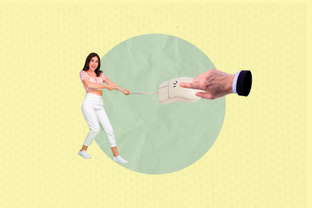 Composite photo collage of happy girl pull wire cable mouse device hand dependence technology click isolated on painted backgroundの写真素材