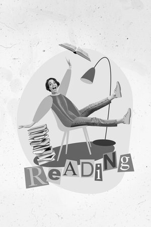 Photo sketch collage graphics artwork picture of exited funky lady enjoying reading book isolated drawing backgroundの写真素材