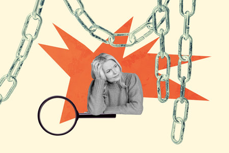 3D photo collage template trend artwork sketch of aged woman sit hand hold head think research loupe glass chain control overcomerの写真素材