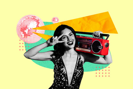 Composite photo collage of happy girl show peace gesture hold boombox occasion disco ball occasion cool isolated on painted backgroundの写真素材