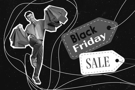 Photo artwork minimal collage picture of excited lucky guy walking rising bargains isolated drawing backgroundの写真素材