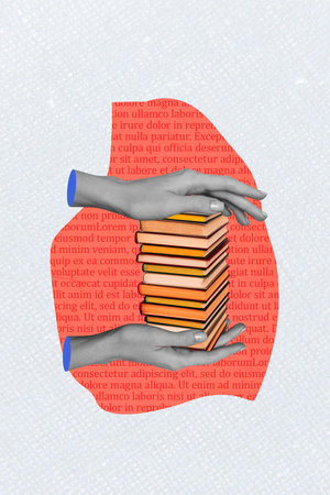 Vertical photo collage of hands hold book stack library education enlightenment encyclopedia reader hobby isolated on painted backgroundの写真素材