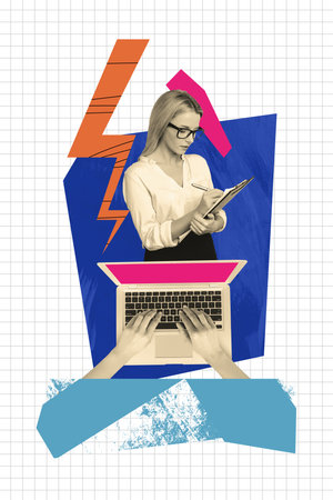 Poster 3d photo trend art collage of serious businesswoman hold clipboard pen write memo lightning workload hands type laptopの写真素材