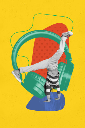 Composite trend artwork sketch image photo collage of huge headphones listen music carefree party...