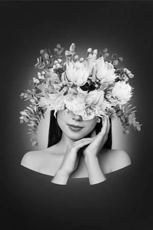 Creative banner collage of magic mystic lady dryad meadow princess touching face on dark color backgroundの写真素材