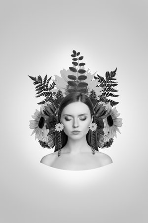 Pop collage banner of pure lady forest jungle princess dryad have fresh flowers beauty skin care therapy extract conceptの写真素材