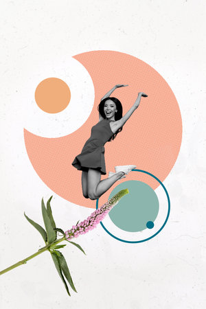 Sketch image artwork composite 3D photo collage of young lady happy levitate jump flower nature summer season illustration model posingの写真素材