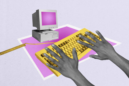Trend artwork creative sketch 3D photo collage of anonymous cyberspace obsolete computer monitor...