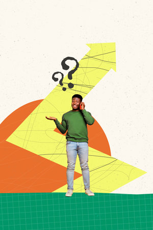 Vertical art banner collage of happy american man hold smartphone speak arrow dilemma question sign choice idea brainstormの写真素材