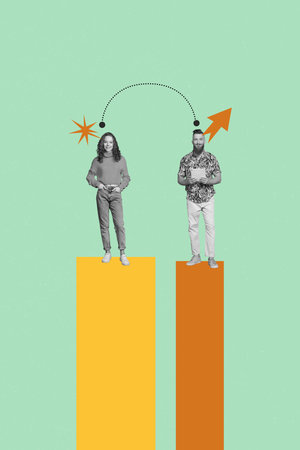 Trend artwork sketch design montage 3D collage of trader business target charts stats hr worker office hiring team woman man stand tabletの写真素材