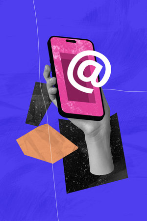 Trendy art creative vertical photo collage of hand hold smartphone screen email notification sign...