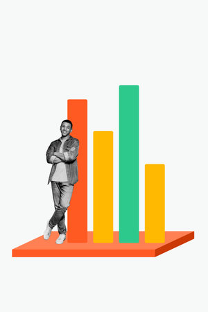 Composite trend artwork sketch image collage of monochrome miniature young guy stand platform rich arrow trader dollar business workspaceの写真素材