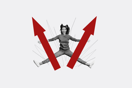 Composite creative art collage of excited girl jump arrow development success growth statistics aim...