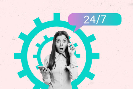 Composite trend artwork sketch image collage of 24 7 service support help customer client speech...
