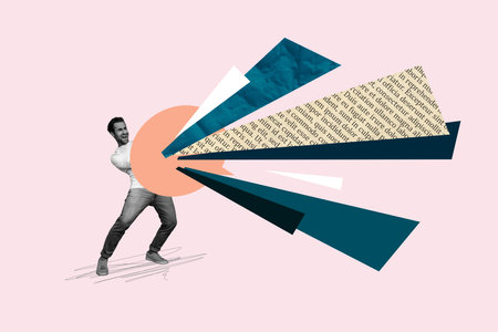 Composite creative art collage of happy man hold bubble communication phrase text flow conversation isolated on painted backgroundの写真素材