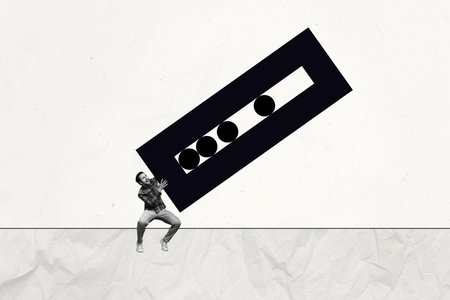 Creative art 3d sketch collage of dissatisfied man carry figure load burden psychiatry pressure...