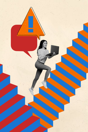 Vertical photo collage of happy girl run ladder hold laptop alert symbol warning cyberattack hacking...