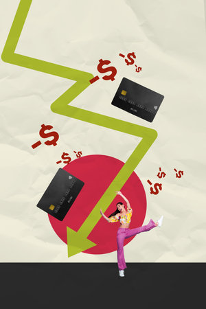 Vertical photo collage of inexperienced silly girl arrow decline bankrupt problem recession dollar...