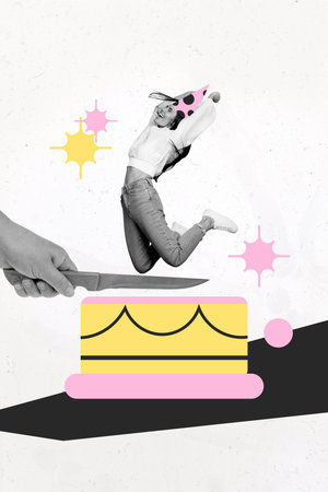 Composite trend artwork sketch image collage of holiday anniversary celebration happy birthday party young lady cone hat jump cake knifeの写真素材